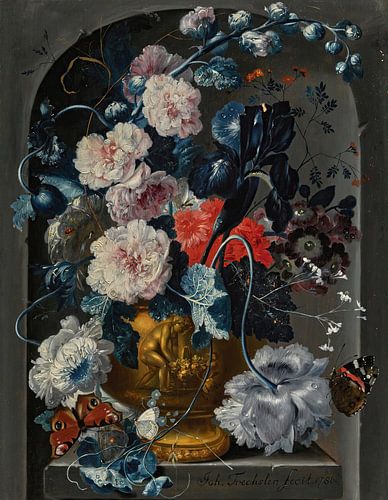Stilleven met bloemen in een gebeeldhouwde bronzen urn met vlinders in een nis, Johann Baptist Drech