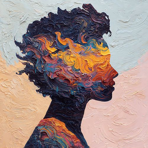 Portrait abstrait et émotionnel à l'acrylique « Inner Storm Silhouette », réalisé au couteau à palette avec une texture