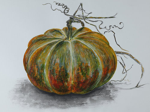 Herbstkürbis mit gewundenen Ranken – Stillleben