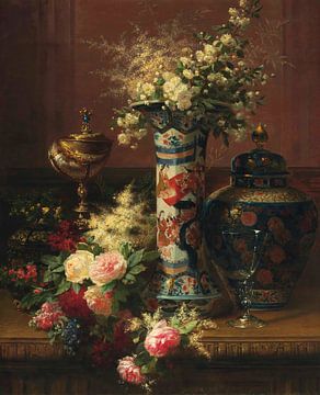 Rosen, Pfingstrosen und Vergissmeinnicht in einer japanischen Vase, Jean-Baptiste Robie