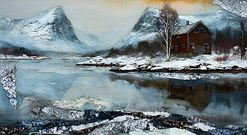 winters fjordenlandschap met huis