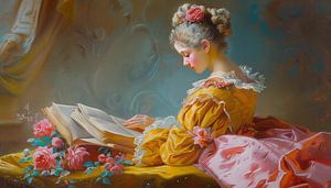 Reading girl and flowers historical oil panorama