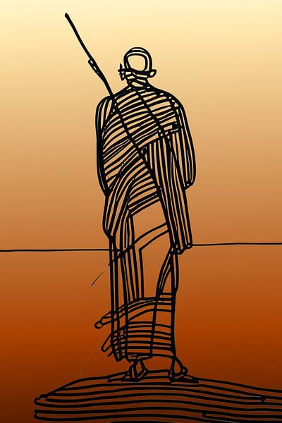 Japanese monk black line on sienna by Harmanna Digital Art
