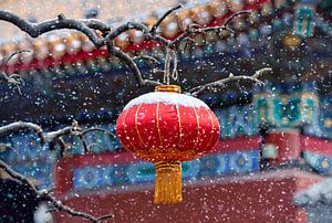 Rote chinesische Laterne im Schnee
