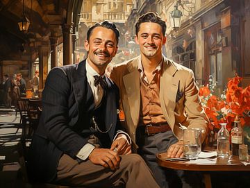 Twee lachende zakenmannen uit de jaren 1920 in een restaurant van Animaflora PicsStock