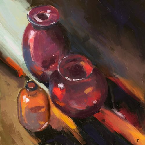 Still life painting with red and purple and orange