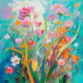 Colourful abstract flower field in fresh pastel shades by Studio Pieternel