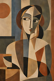 Bohemische kubistische Frau – Erdiges, modernes, abstraktes Porträt | Zeitgenössische geometrische, figurative Wandkunst von Timeless Artworks