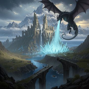 Zwarte draak projecteert blauwe straal op kasteel van Markus Gann