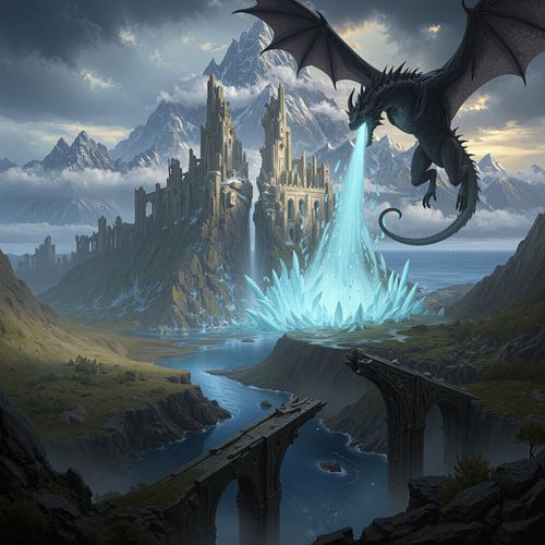 Zwarte draak projecteert blauwe straal op kasteel