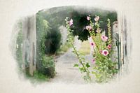 Ruelle étroite avec rose trémière à l'aquarelle