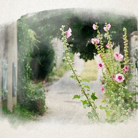 Enge Gasse mit Stockrose in Aquarell von Youri Mahieu