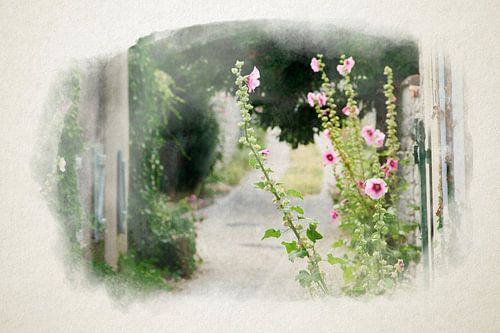 Enge Gasse mit Stockrose in Aquarell