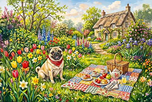 Whimsical Cottage Garden Picnic Pug Illustration