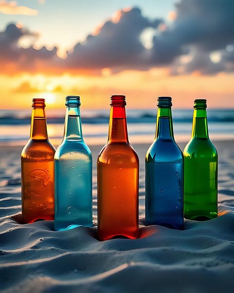Flessen in het zand en zonsondergang van Jean Pierre
