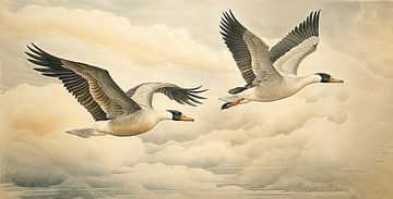 Vliegende ganzen in Japandi stijl van True Nature Art