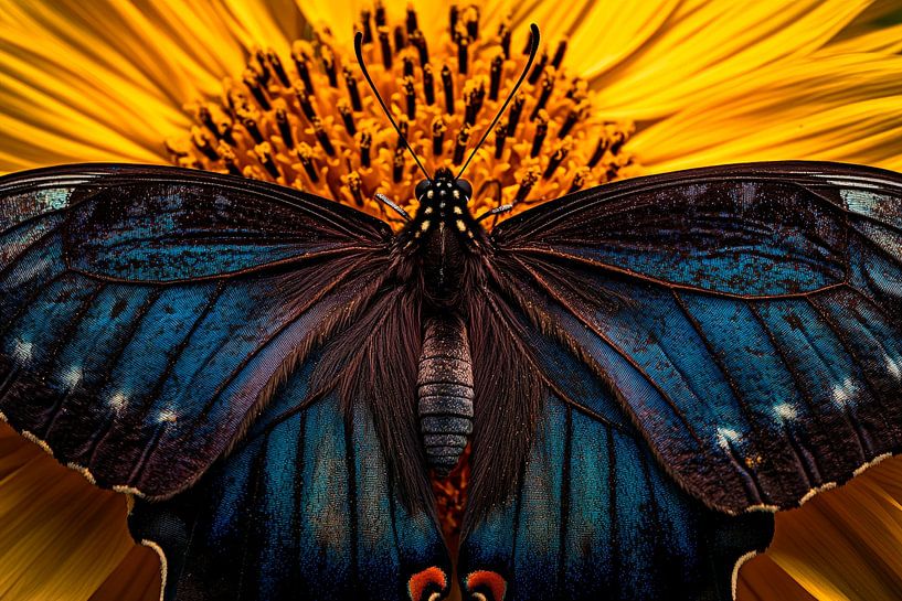 Butterfly on radiant sunflower in focus by Poster Art Shop