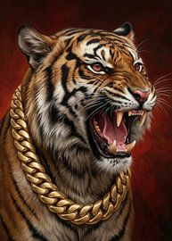 Wilde, brüllende Tiger-Wanddekoration mit goldener Kette – ein echtes Highlight