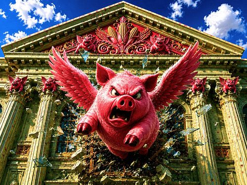 Wütendes rosa Schwein stürmt aus dem Gebäude von Suge Works