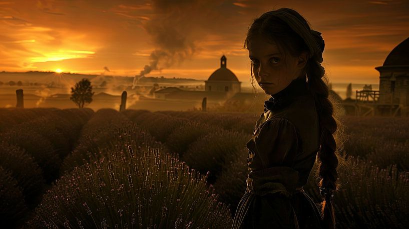 sunset over field of lavender with girl by Egon Zitter