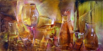 Feest: flessen en glazen in rood en goud