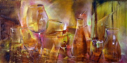 Party: Flaschen und Gläser in rot und gold