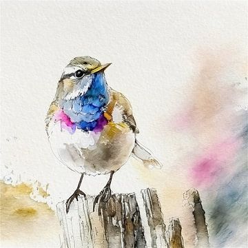 Aquarel schilderij van een Vrolijk blauwborstje van Studio Pieternel