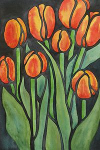 Bos oranje tulpen (aquarel schilderij Nederland strakke lijnen groen vrolijk bloembollen zwart tuin) van Natalie Bruns