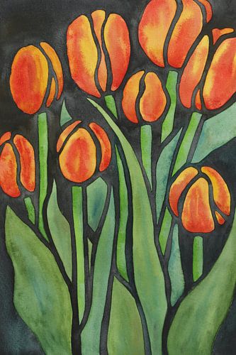 Bos oranje tulpen (aquarel schilderij Nederland strakke lijnen groen vrolijk bloembollen zwart tuin)