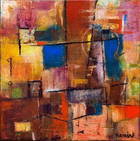 Rhythmic structures in brown earth tones and blue - abstract painting by Anja Namink - Paintings