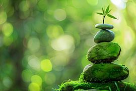 Zen balance - stone on moss with bamboo by Poster Art Shop
