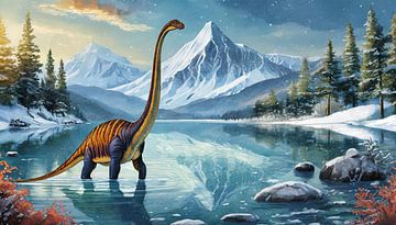 Brachiosaurus dinosaur goes alone into the cold lake, art design by Animaflora PicsStock