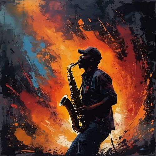 Abstract Geluidslandschap - Saxofonist Silhouet Kunst