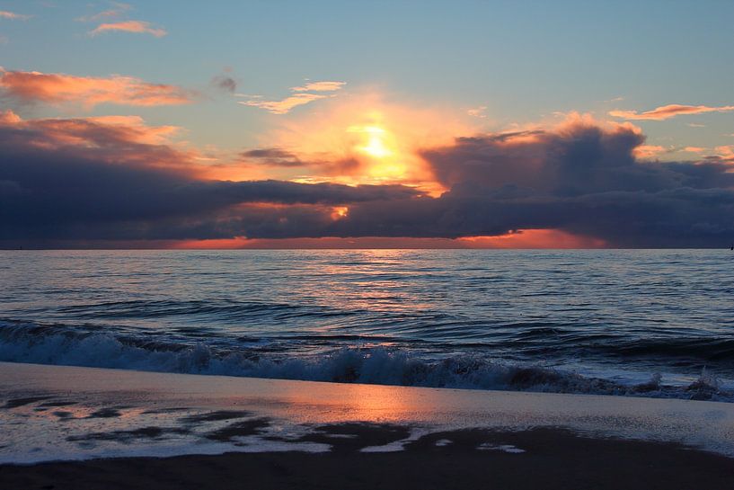 Setting sun with clouds on the Maasvlakte beach'. by Capture the Moment 010