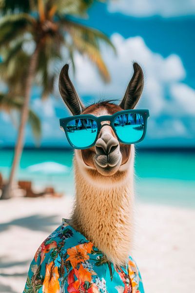 Lama mit Sonnenbrille am Strand von Poster Art Shop