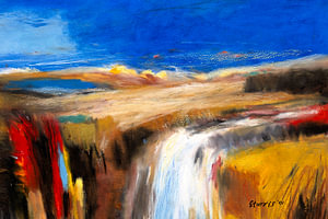 Abstract landschap met waterval - Oliepastel op papier (2001)