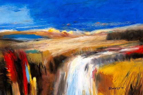 Abstract landschap met waterval - Oliepastel op papier (2001)