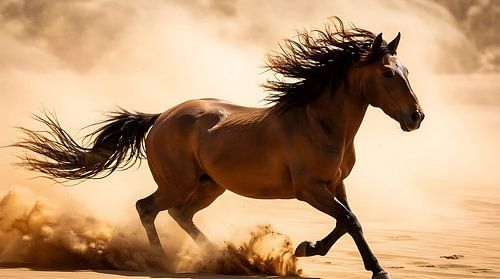 Wanddecoratie met een wild rennend paard, dynamische natuurfotografie uit de woestijn