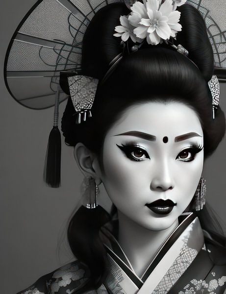 Portrait d'une geisha en noir et blanc par Brian Morgan