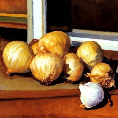Stilleven uien en knoflook, nostalgie in de keuken