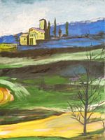 A painting with different colours of ground and a mountain landscape with cottages.