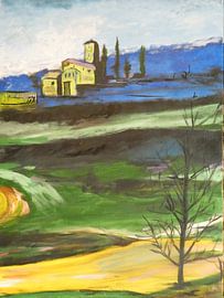 A painting with different colours of ground and a mountain landscape with cottages. by Sacco Van Munster