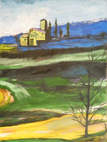 Ein Gemälde mit verschiedenen Grundfarben und einer Berglandschaft mit Hütten.