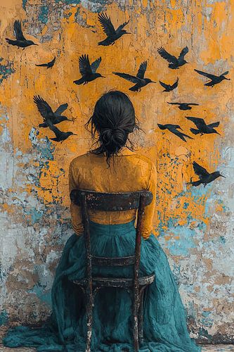 junge Frau umgeben von Vögeln