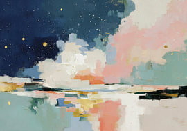 Ciel étoilé et paysage nuageux dans des tons pastel et bleus