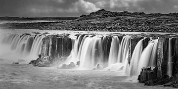 Panoramic photo of the Selfoss waterfall in black and white