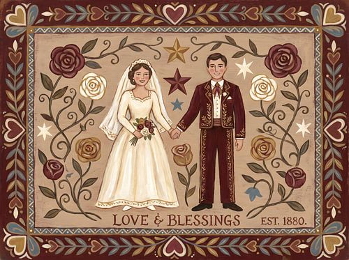 Illustration d'art populaire rustique représentant un couple de jeunes mariés