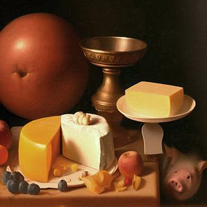Stilleben mit Käse und Schwein