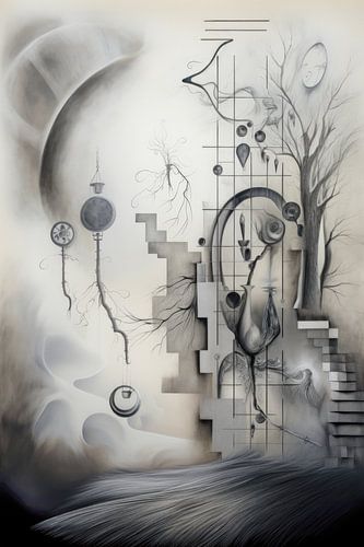 Tree and Staircase in Shades of Grey - Mysterious Abstract Painting by Joriali Abstract