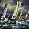 Gemälde einer dynamischen Katamaran-Segelregatta von Jan Keteleer